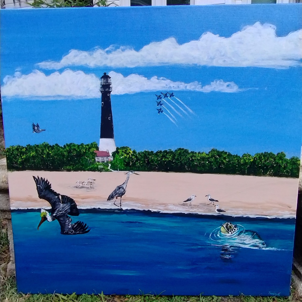 Large Acrylic painting " Sea Life and Pensacola Naval Lighthouse"